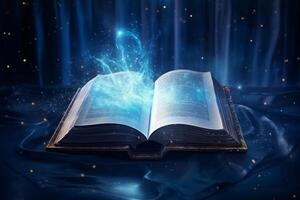 AI generated Magic book on blue background photo