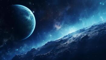 AI generated space planet with blue starry skies photo
