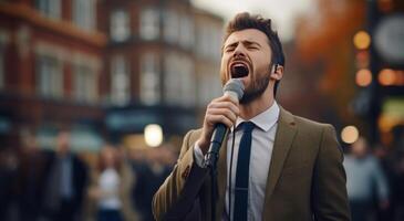 ai generado hombre con micrófono Gritando en ciudad foto