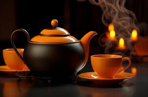 AI generated teapot, chocolate, orange and steaming milk photo