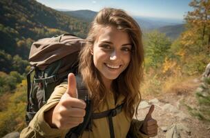 AI generated Female Hiker Giving Thumbs Up with Backpack On photo