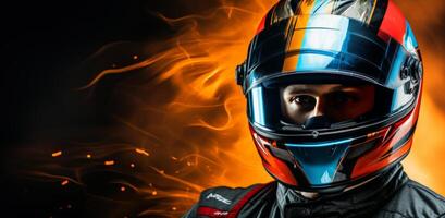 AI generated the image of a racing driver with his helmet, dark orange and light blue photo