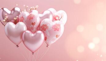 AI generated valentine's day romantic bouquet balloons with white or pink hearts on a pink background photo