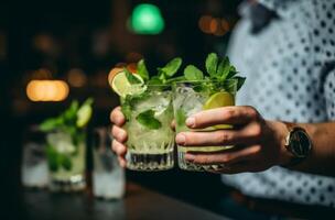 AI generated people and friends holding drinks in glasses with lime and mint garnish photo