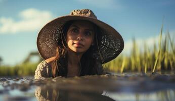 AI generated woman wearing a hat in a rice field photo