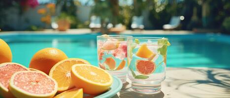 AI generated the swimming pool is covered in breakfast dishes and fruit on your dining table photo