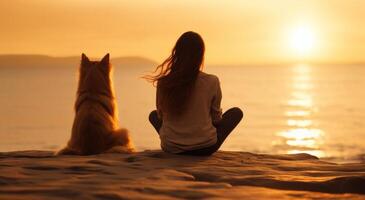 AI generated woman and dog on beach sitting at sunrise in spring photo