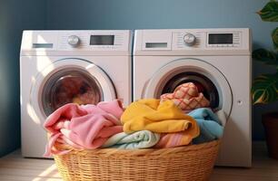 AI generated two washing machines placed in a white laundry basket photo