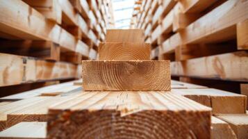 AI generated Wooden beams neatly arranged in the warehouse photo