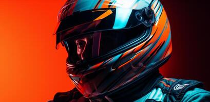 ai generado el imagen de un carreras conductor con su casco, oscuro naranja y ligero azul foto