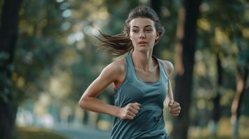 AI generated Young beautiful sportswoman running through the park With large copyspace are photo