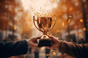 AI generated two people holding a prize trophy up in the air, photo