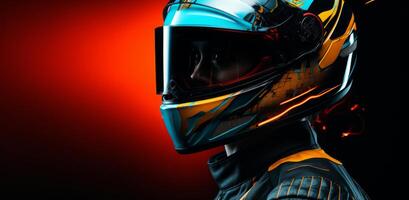 ai generado el imagen de un carreras conductor con su casco, oscuro naranja y ligero azul foto