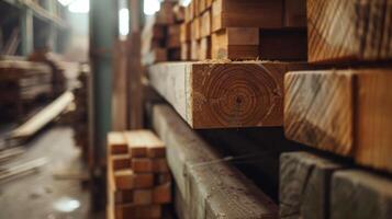 AI generated Wooden beams neatly arranged in the warehouse photo