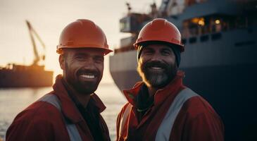 AI generated men in hard hats standing by a ship photo