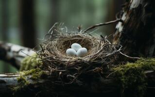 AI generated white bird egg nest on a log photo