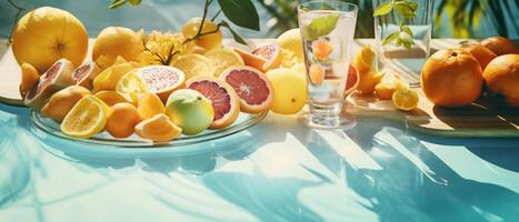 AI generated the swimming pool is covered in breakfast dishes and fruit on your dining table photo