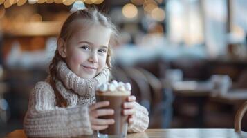 AI generated Young Girl Enjoying Cocoa in Cafe photo