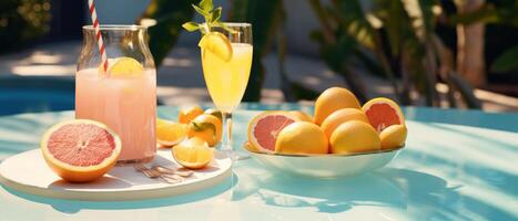 AI generated the swimming pool is covered in breakfast dishes and fruit on your dining table photo