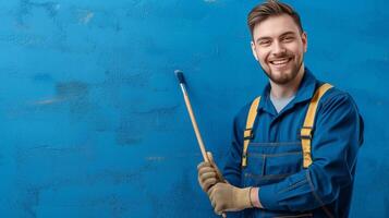 ai generado sonriente pintor con cepillo en azul antecedentes foto