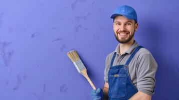 ai generado sonriente pintor con cepillo en azul antecedentes foto