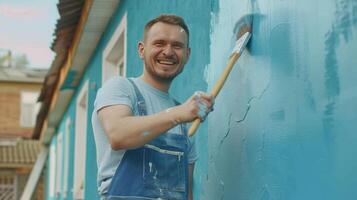 ai generado sonriente pintor con cepillo en azul antecedentes foto