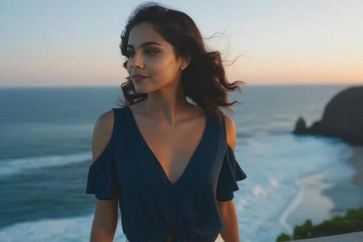 ai generado hermosa joven sonriente Español morena mujer en atardecer, mar y azul cielo en el antecedentes. generativo ai foto