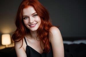 AI Generated Portrait beautiful redhead model woman with white teeth smile, healthy long hair and beauty skin on bedroom background. Concept of advertising dentist and facial care. Generative AI photo