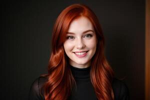 AI Generated Portrait beautiful redhead model woman with white teeth smile, healthy long hair and beauty skin on dark background. Concept of advertising dentist and facial care. Generative AI photo