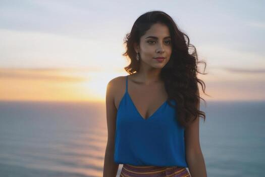ai generado hermosa joven sonriente Español morena mujer en atardecer, mar y azul cielo en el antecedentes. generativo ai foto