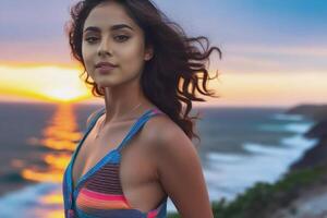 ai generado hermosa joven sonriente Español morena mujer en atardecer, mar y azul cielo en el antecedentes. generativo ai foto