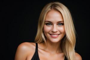 ai generado retrato hermosa rubia modelo mujer con blanco dientes sonrisa, sano largo pelo y belleza piel en oscuro antecedentes. concepto de publicidad dentista y facial cuidado. generativo ai foto