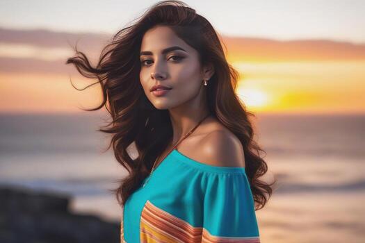 ai generado hermosa joven sonriente Español morena mujer en atardecer, mar y azul cielo en el antecedentes. generativo ai foto
