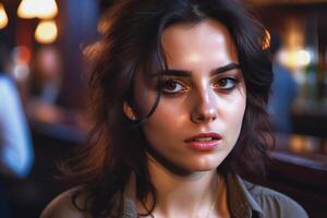 AI Generated Pretty drunk girl at the bar. Concept of alcoholism. Generative AI photo