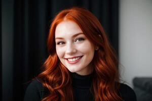 AI Generated Portrait beautiful redhead model woman with white teeth smile, healthy long hair and beauty skin on dark background. Concept of advertising dentist and facial care. Generative AI photo