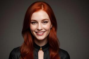 AI Generated Portrait beautiful redhead model woman with white teeth smile, healthy long hair and beauty skin on dark background. Concept of advertising dentist and facial care. Generative AI photo