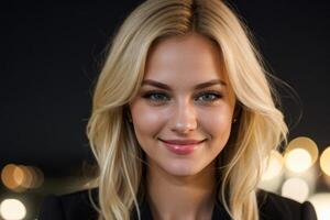 AI Generated Portrait beautiful blonde model young woman with white teeth smile, healthy long hair and beauty skin. Concept of advertising dentist and facial care. Generative AI photo