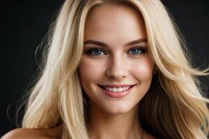 ai generado retrato hermosa rubia modelo joven mujer con blanco dientes sonrisa, sano largo pelo y belleza piel. concepto de publicidad dentista y facial cuidado. generativo ai foto