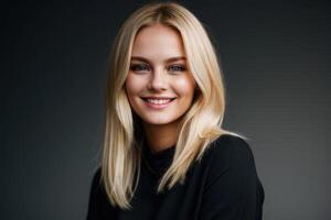 AI Generated Portrait beautiful blonde model young woman with white teeth smile, healthy long hair and beauty skin. Concept of advertising dentist and facial care. Generative AI photo