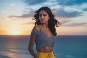 AI Generated Beautiful young smiling spanish brunette woman on sunset, sea and blue sky on the background. Generative AI photo