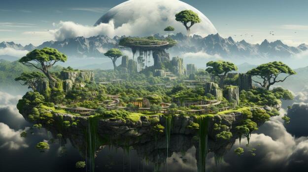 AI Generated Floating island with waterfalls, green grass, trees, mountains. A forest island surrounded by clouds with beautiful scenery. 3D illustration. photo