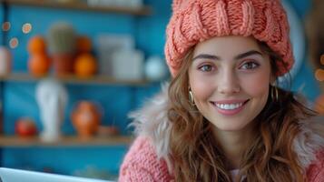 AI Generated Isolated on blue background, a young happy latin woman using a laptop device presenting a job search or shopping website, online services concept. photo