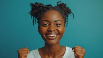 AI Generated Winner woman on tablet isolated on blue background with fist pump. African person wins contest and wins giveaway on digital tech celebration in studio. photo