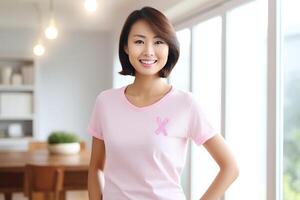 AI Generated A happy woman in a pink T-shirt with a ribbon photo