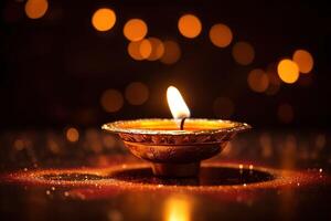 AI Generated Colorful Diya lamps lit during Diwali celebration photo