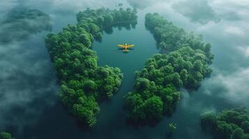 AI Generated Concept of a sustainable habitat world. Aerial view of dense rainforest vegetation with lakes shaped like continents of the world, clouds and one yellow airplane. photo