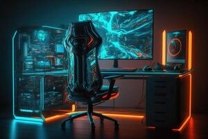 AI Generated A desktop with a computer and an armchair.Futuristic, modern illustration. Innovative technologies. Generative ai photo