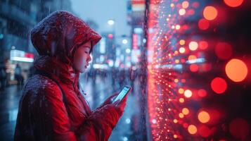 AI Generated The Metaverse and Blockchain Technology Concepts. Photo of a person navigating a virtual world on their smart phone with a futuristic tone.