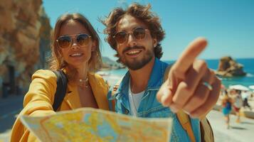 AI Generated In this image, we see a multiethnic couple using a local map together on a sunny day, with a man pointing forward to a copy space. Honeymoon trip, backpacker tourist, Asia city tourism photo