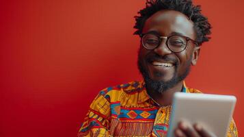 AI Generated An African male is amusing himself while scrolling on an app on a tablet while standing against a red studio background. He is reading an email and typing on his phone. photo